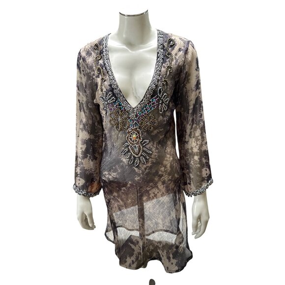 Sheer Gray Beaded Tunic Size M India Boho Rhinestone Resortwear Festival Top - Picture 2 of 15